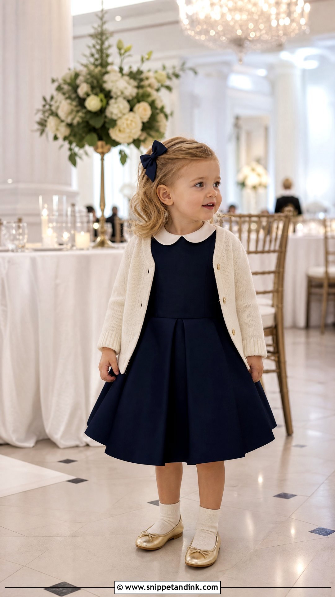 Navy Toddler Wedding Dress With Gold Shoes - Snippet and Ink - 20 Toddler Wedding Dress Ideas
