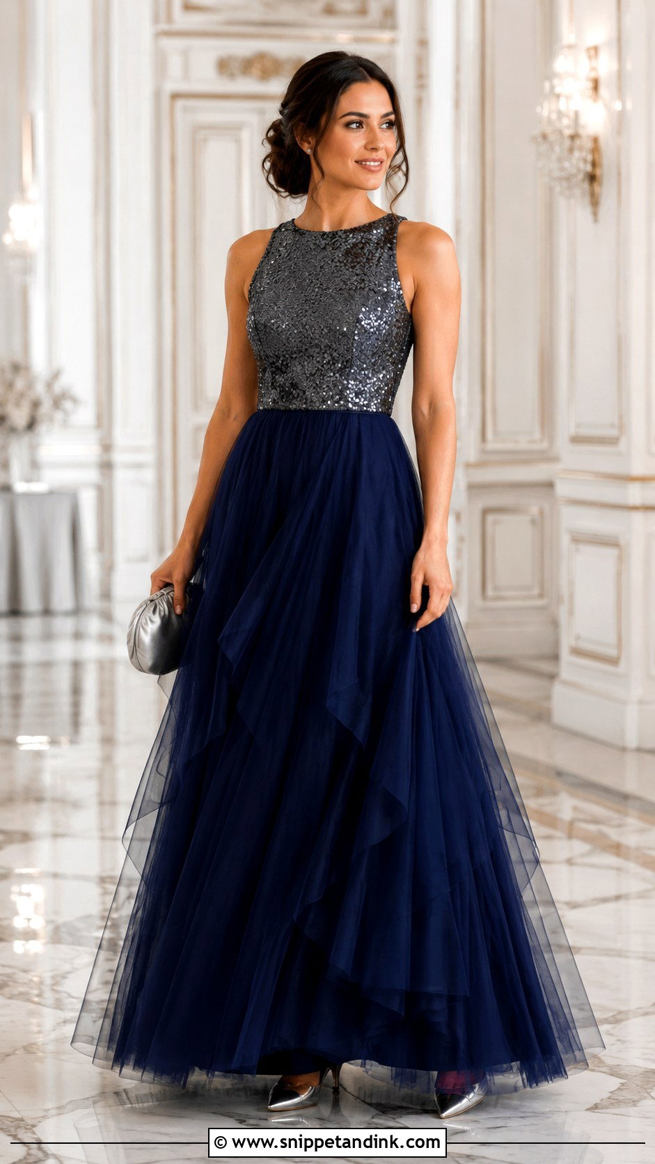 Navy Tulle Long Skirt With Sequined Top - Snippet and Ink - 20 Long Skirt Outfits for Wedding