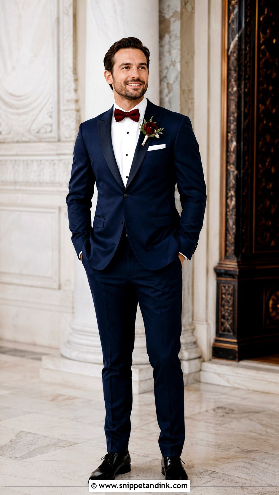 Navy Tux With Burgundy Bow Tie - Snippet and Ink - 25 Navy Tux Wedding Ideas