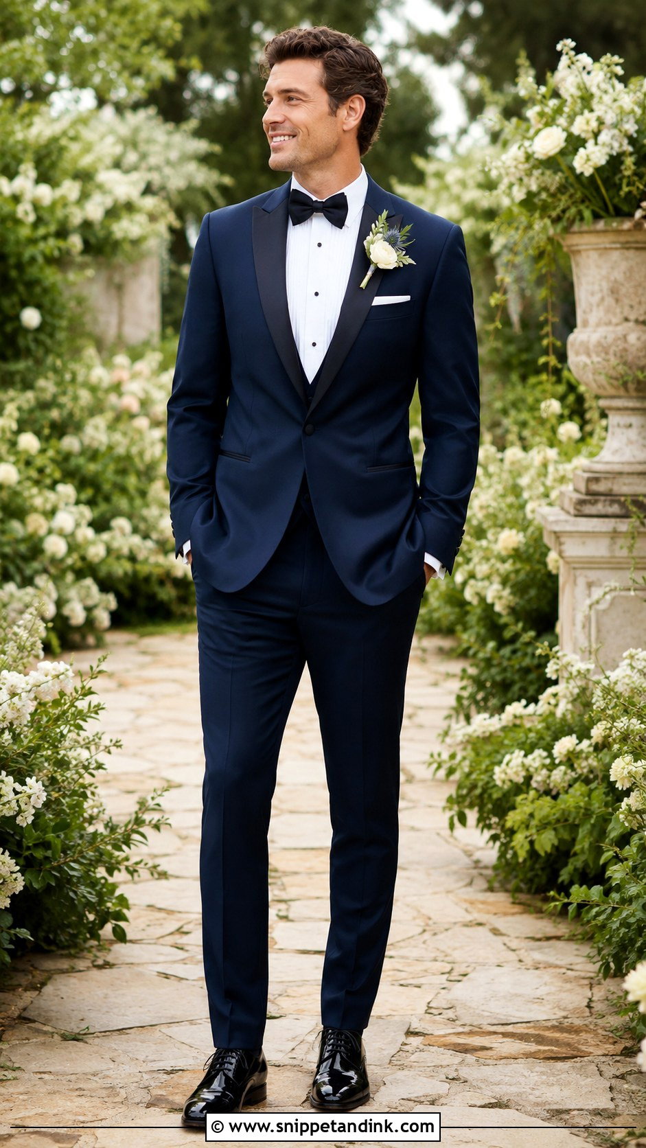 Navy Tux With Floral Boutonniere - Snippet and Ink - 25 Navy Tux Wedding Ideas