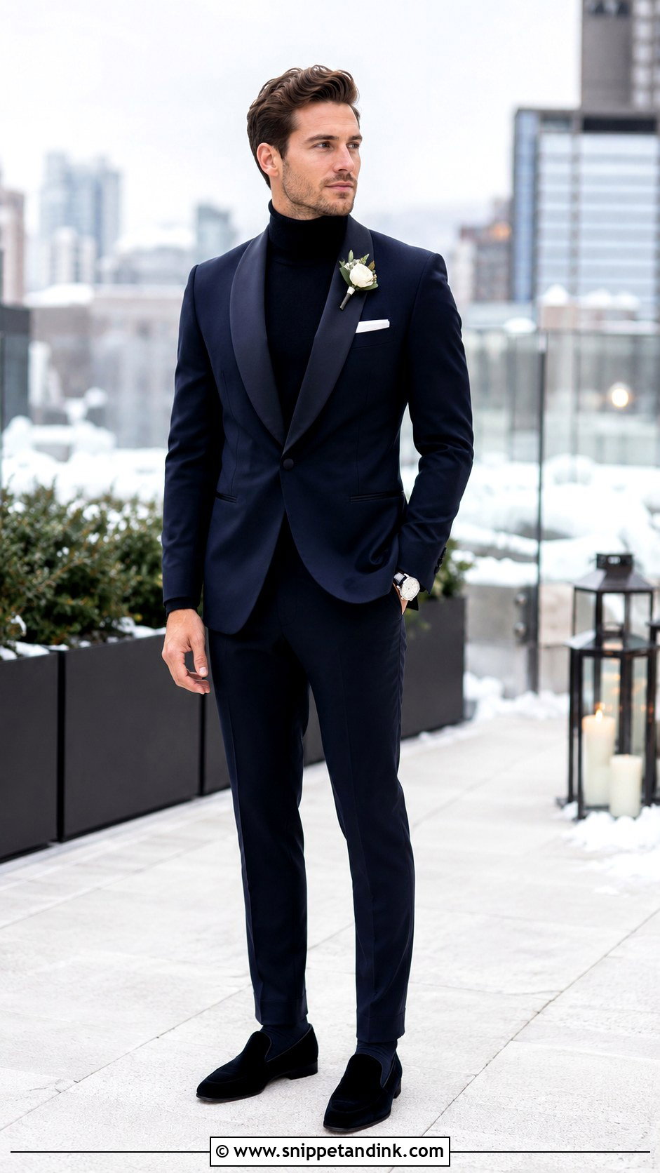 Navy Tuxedo With Black Turtleneck - Snippet and Ink - 20 Navy Tuxedo Wedding Ideas