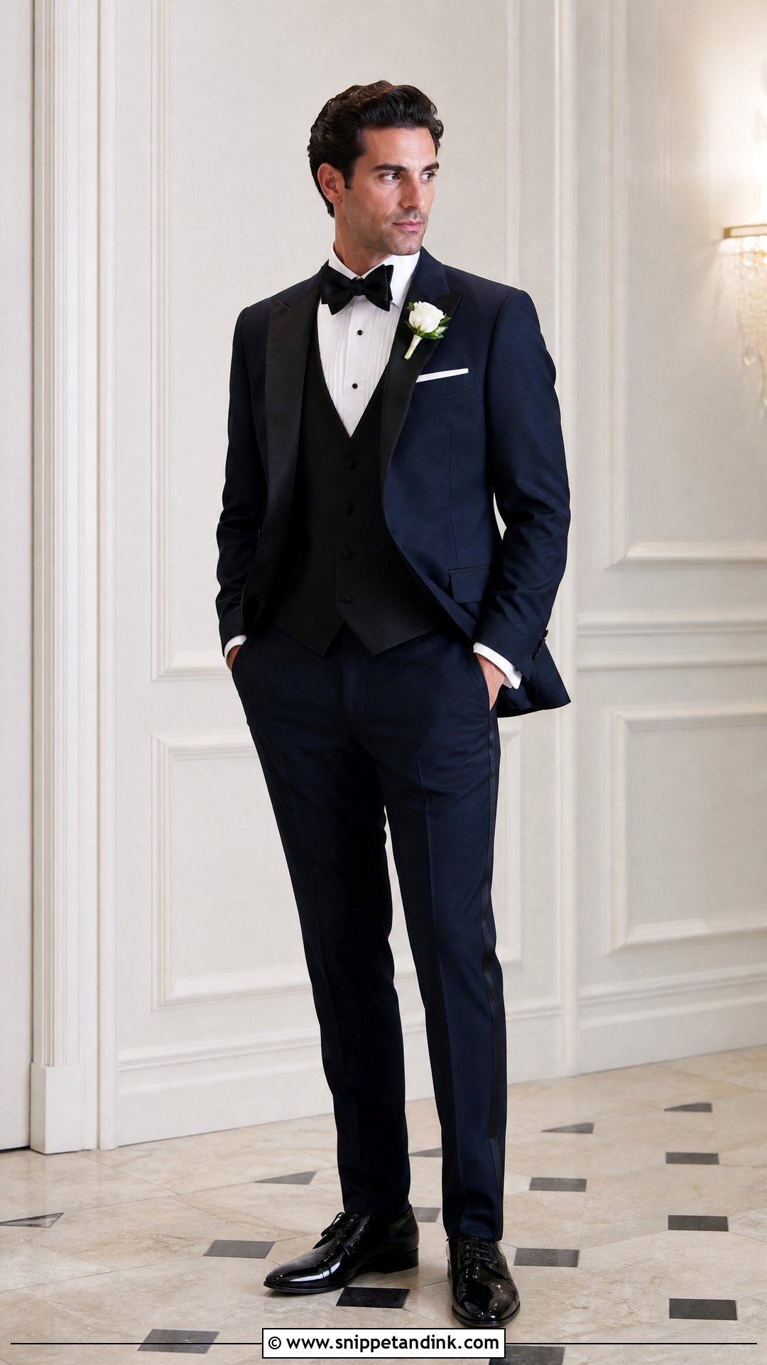 Navy Tuxedo With Black Waistcoat - Snippet and Ink - 20 Navy Tuxedo Wedding Ideas