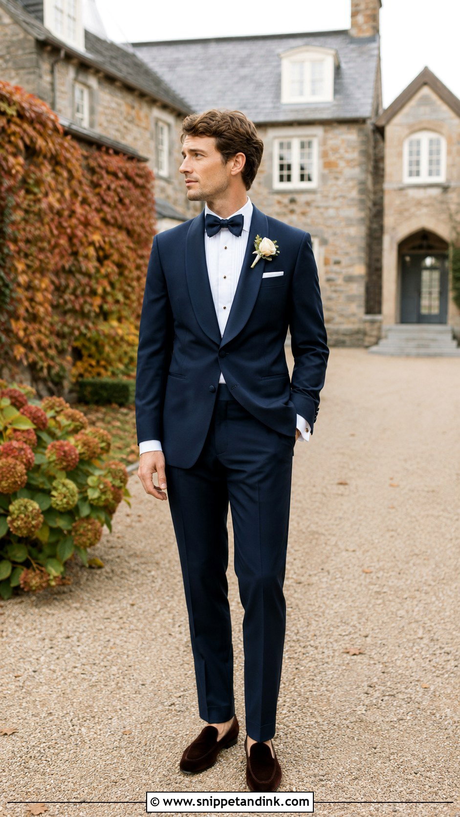 Navy Tuxedo With Brown Velvet Loafers - Snippet and Ink - 20 Navy Tuxedo Wedding Ideas