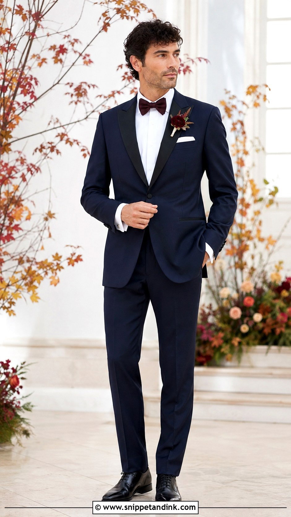 Navy Tuxedo With Burgundy Bow Tie - Snippet and Ink - 20 Navy Tuxedo Wedding Ideas