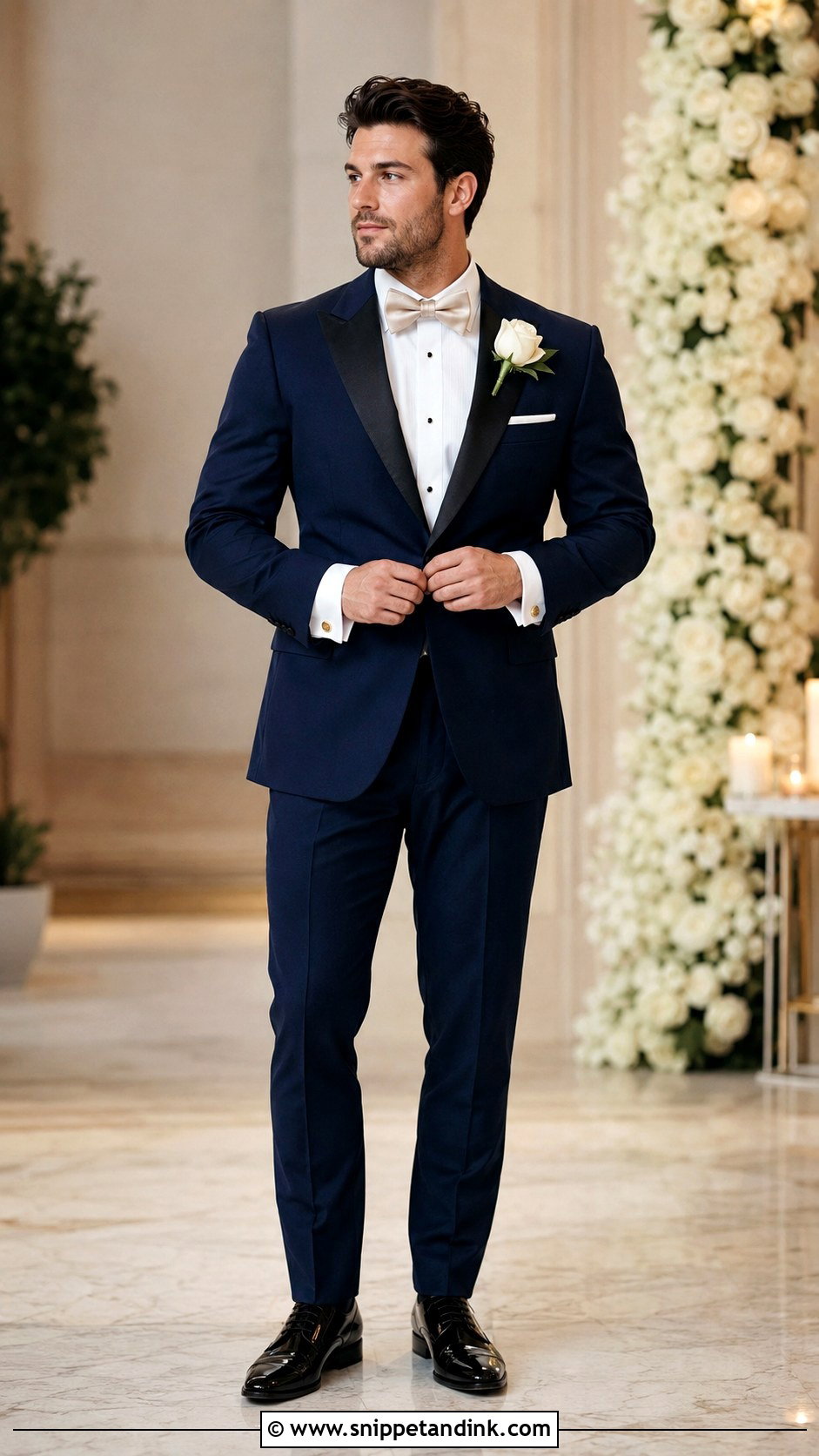 Navy Tuxedo With Champagne Bow Tie - Snippet and Ink - 20 Navy Tuxedo Wedding Ideas
