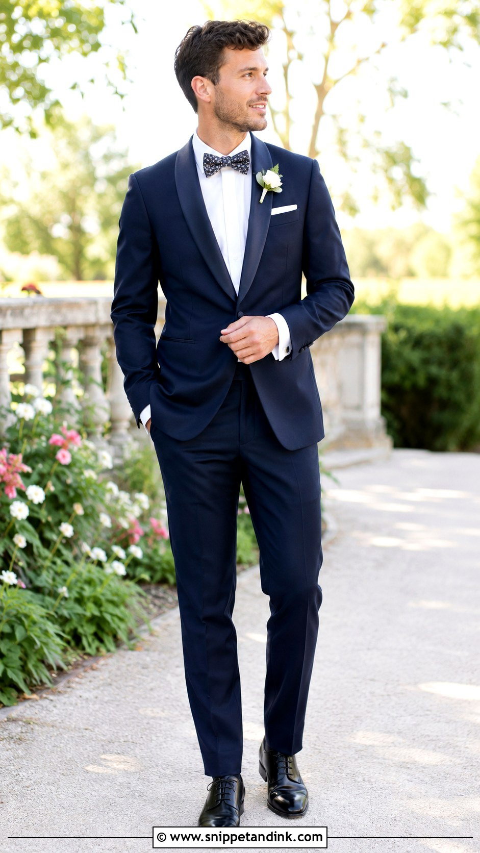 Navy Tuxedo With Floral Bow Tie - Snippet and Ink - 20 Navy Tuxedo Wedding Ideas