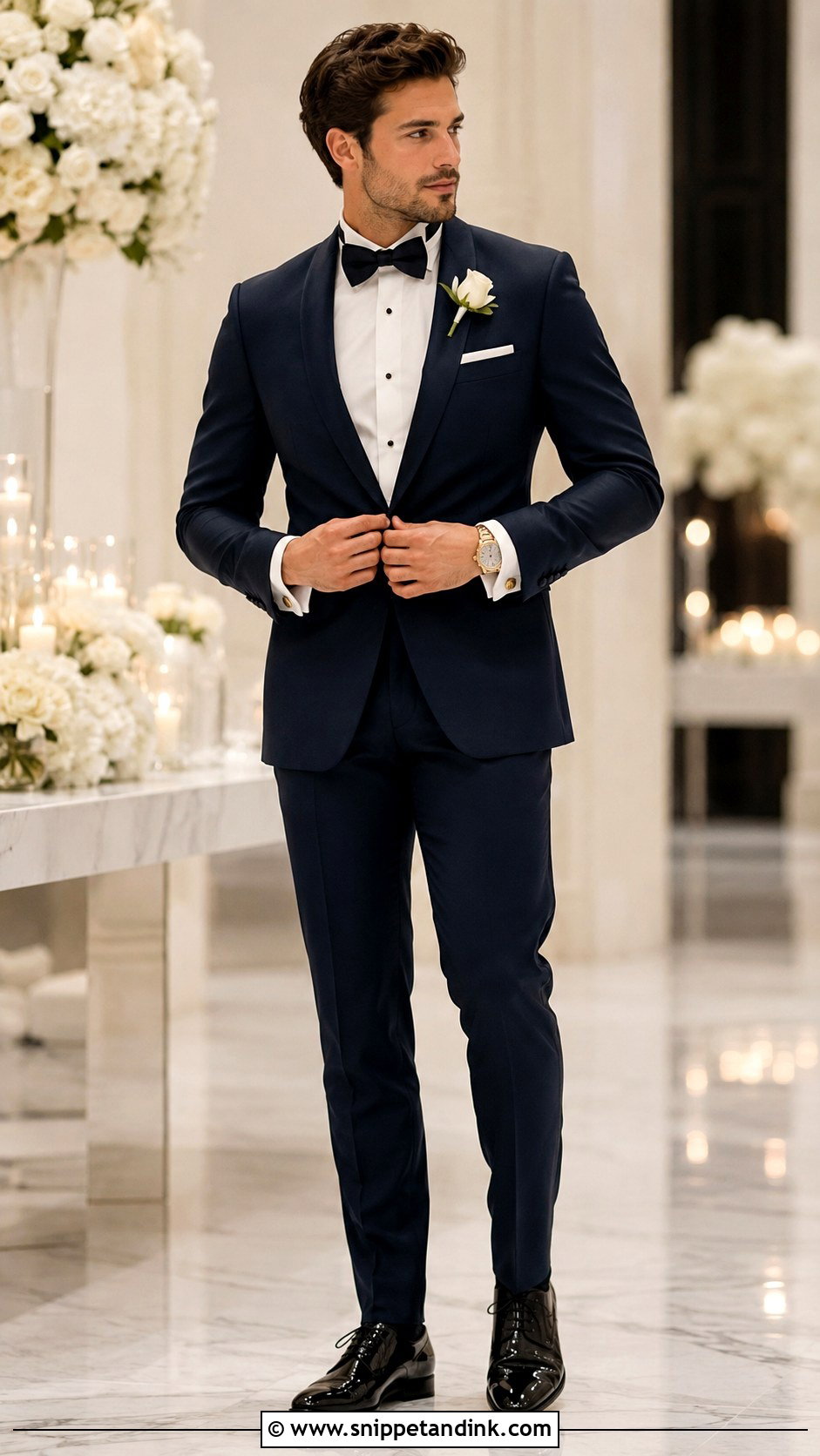 Navy Tuxedo With Gold Accessories - Snippet and Ink - 20 Navy Tuxedo Wedding Ideas