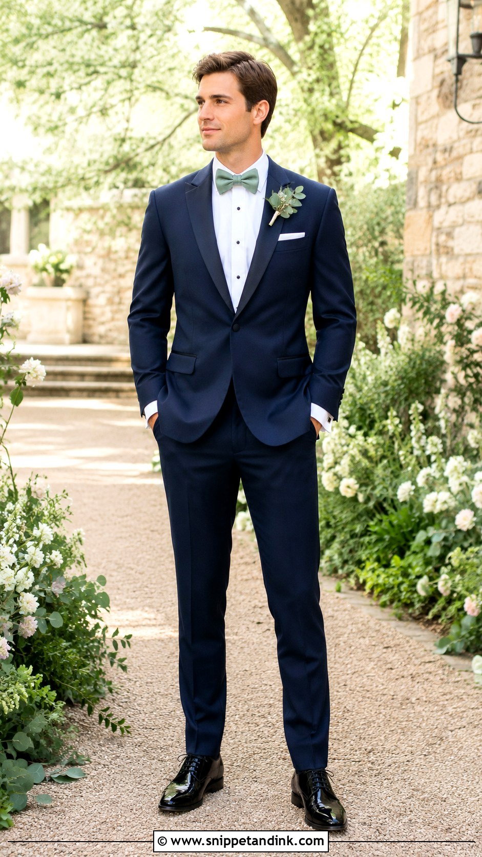 Navy Tuxedo With Sage Green Bow Tie - Snippet and Ink - 20 Navy Tuxedo Wedding Ideas
