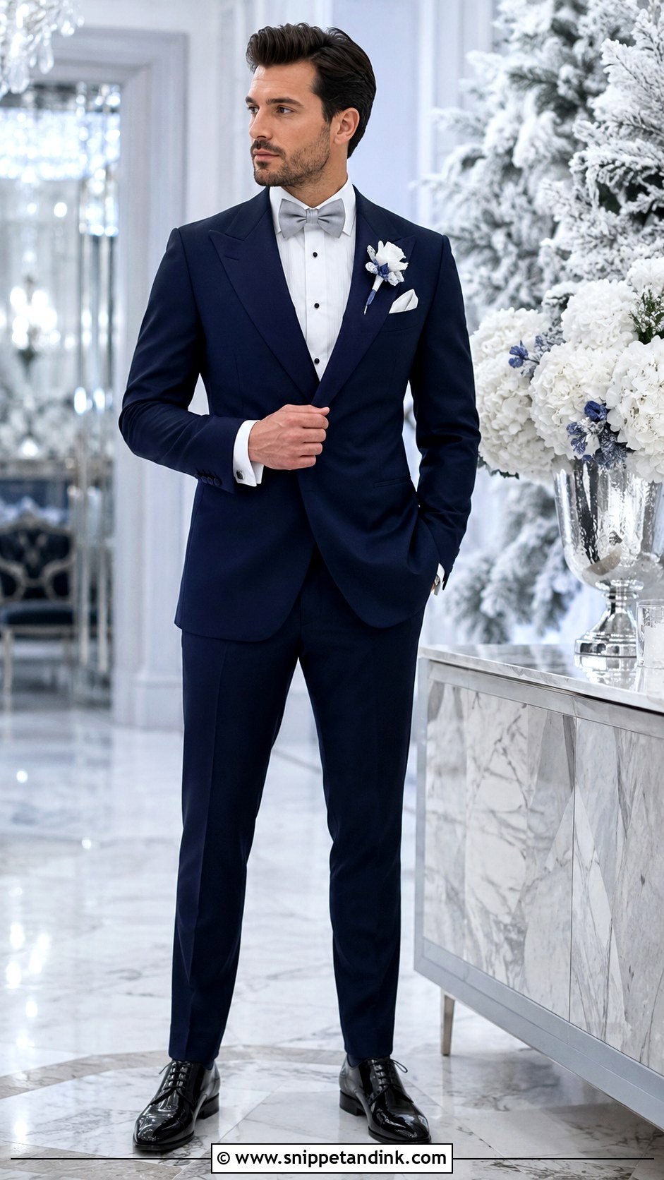 Navy Tuxedo With Silver Accessories - Snippet and Ink - 20 Navy Tuxedo Wedding Ideas