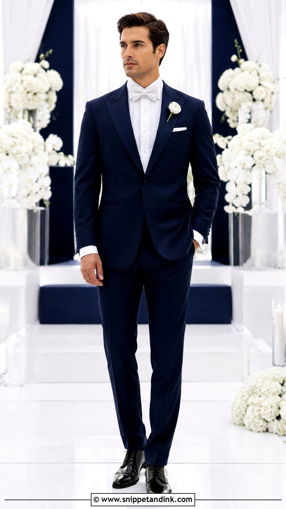 Navy Tuxedo With White Bow Tie - Snippet and Ink - 20 Navy Tuxedo Wedding Ideas