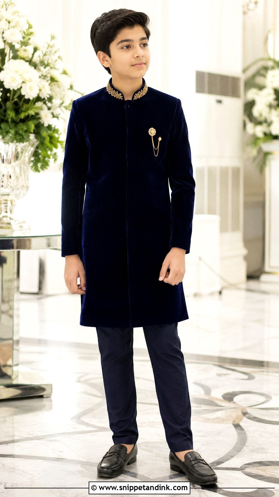 Navy Velvet Kurta With Straight Trousers - Snippet and Ink - 20 Kurta for Boys Wedding Ideas