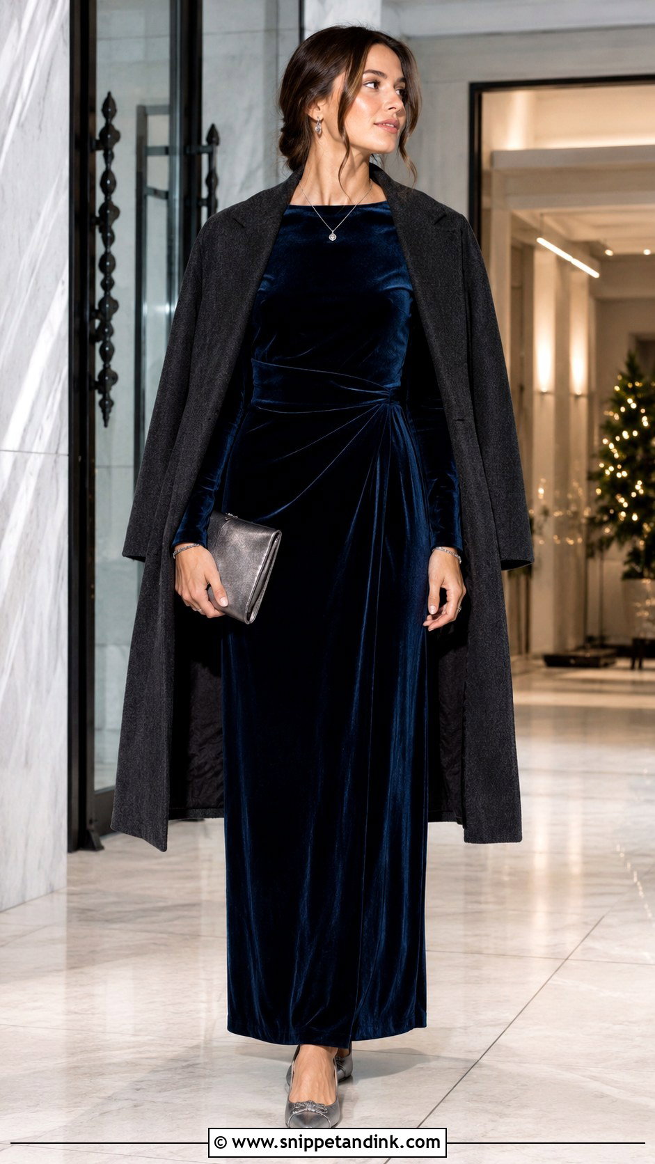 Navy Velvet Maxi Dress With Metallic Flats - Snippet and Ink - 20 Casual Winter Wedding Dress Ideas