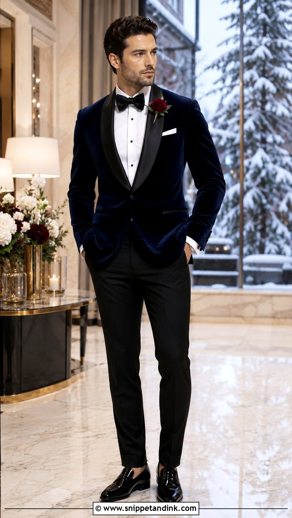 Navy Velvet Tuxedo With Black Trousers - Snippet and Ink - 20 Navy Tuxedo Wedding Ideas