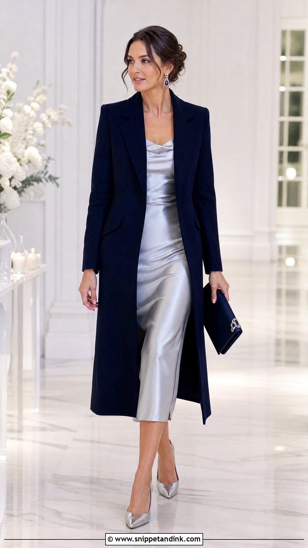 Navy Wedding Coat With Silver Dress - Snippet and Ink - 25 Wedding Coat Ideas