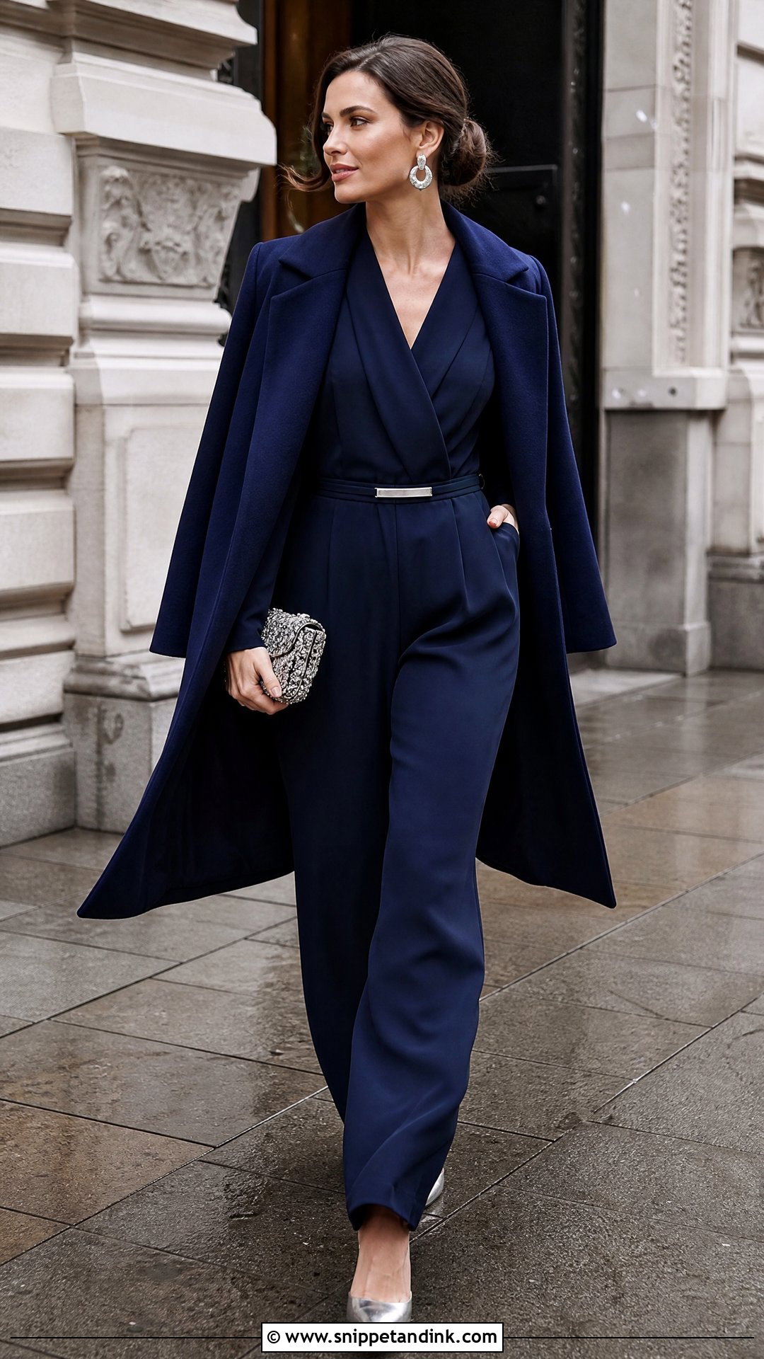 Navy Wide Leg Jumpsuit Winter Wedding Outfit - Snippet and Ink - 20 Winter Outfits for Wedding