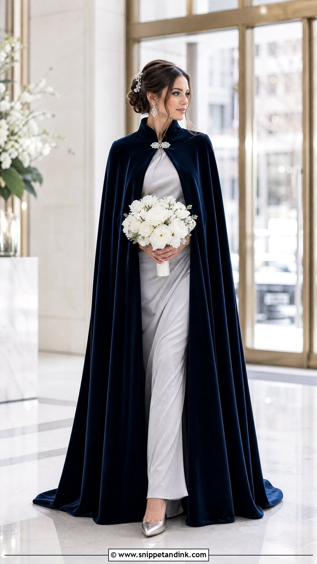 Navy Winter Wedding Cape With Silver Gown - Snippet and Ink - 20 Winter Wedding Cape Ideas