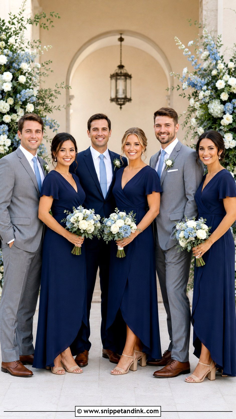 Navy Wrap Dresses With Light Blue Ties - Snippet and Ink - 20 Blue Wedding Party Attire Ideas
