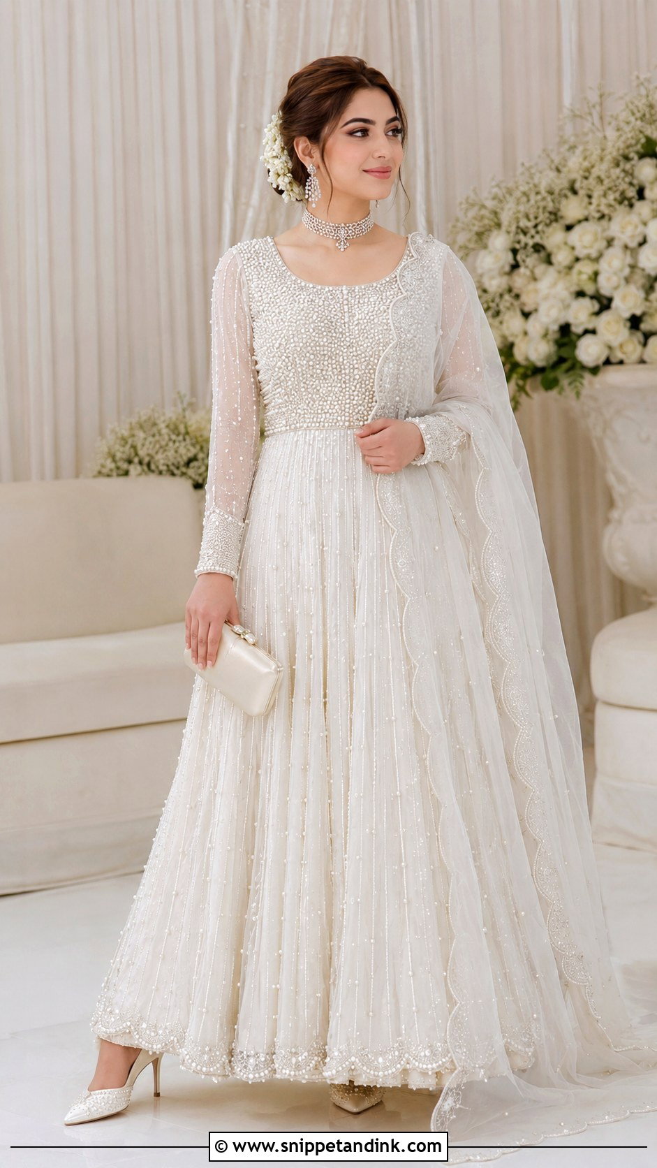Neelam Muneer White Pearl Bridal Anarkali - Snippet and Ink - 20 Neelam Muneer Bridal Dress Ideas