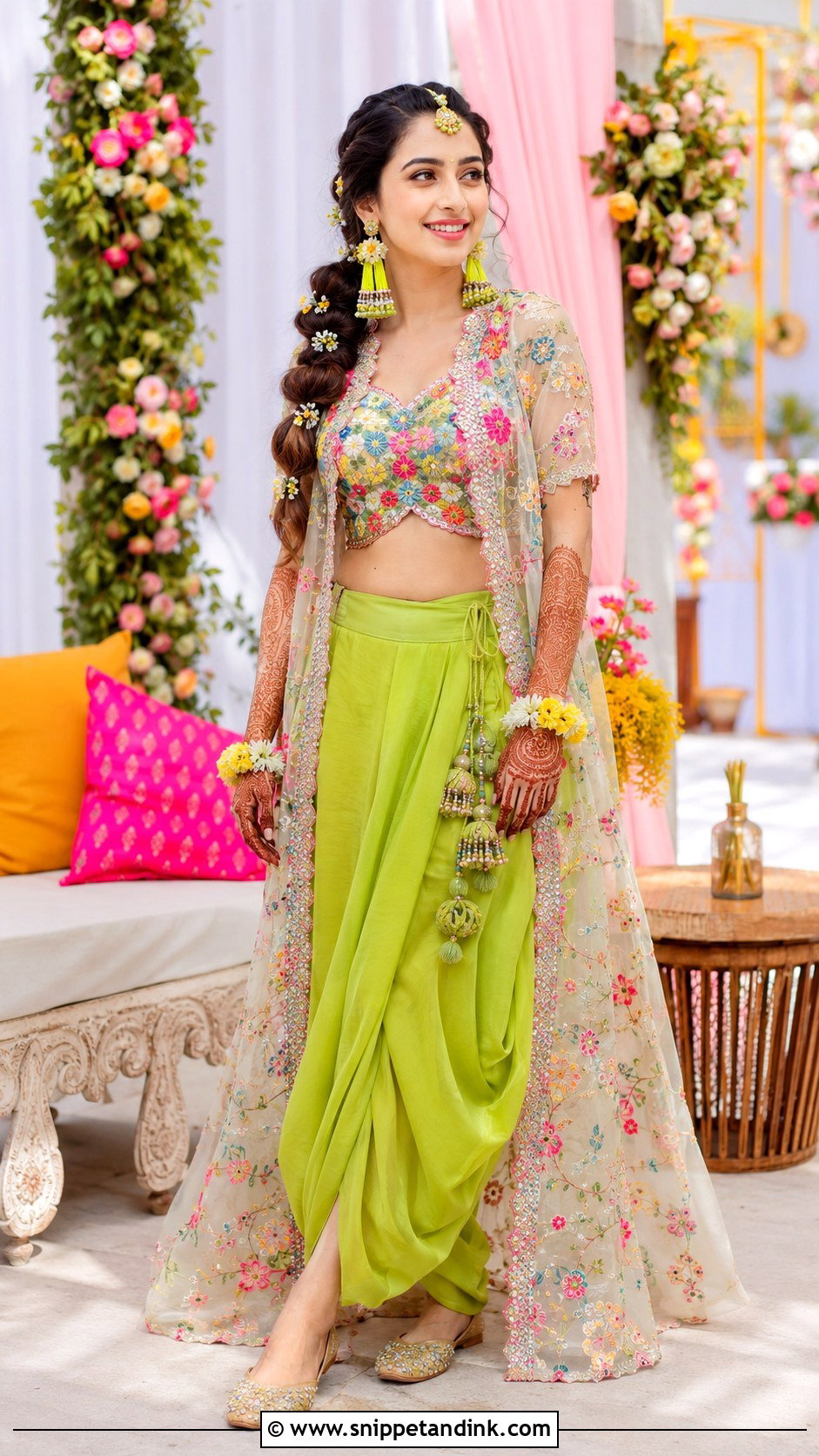 Neon Green Dhoti Pant Bridal Mehndi Set - Snippet and Ink - 20 Green Bridal Mehndi Outfit Ideas