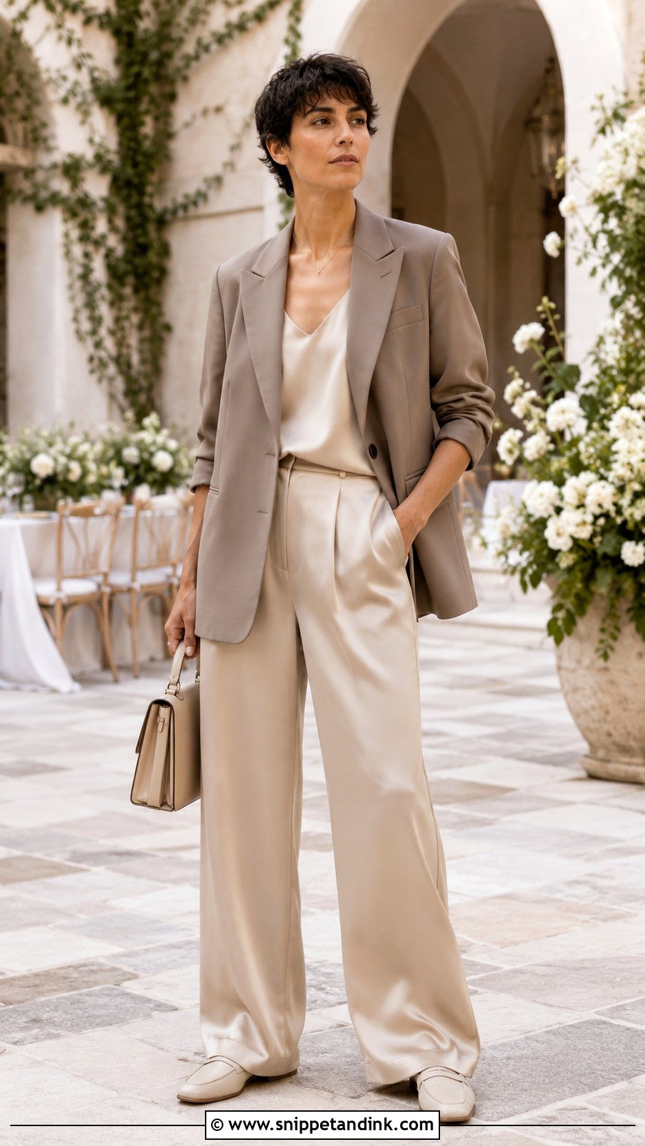 Neutral Blazer And Silk Pants Wedding Outfit - Snippet and Ink - 25 Gender Neutral Wedding Outfit Ideas