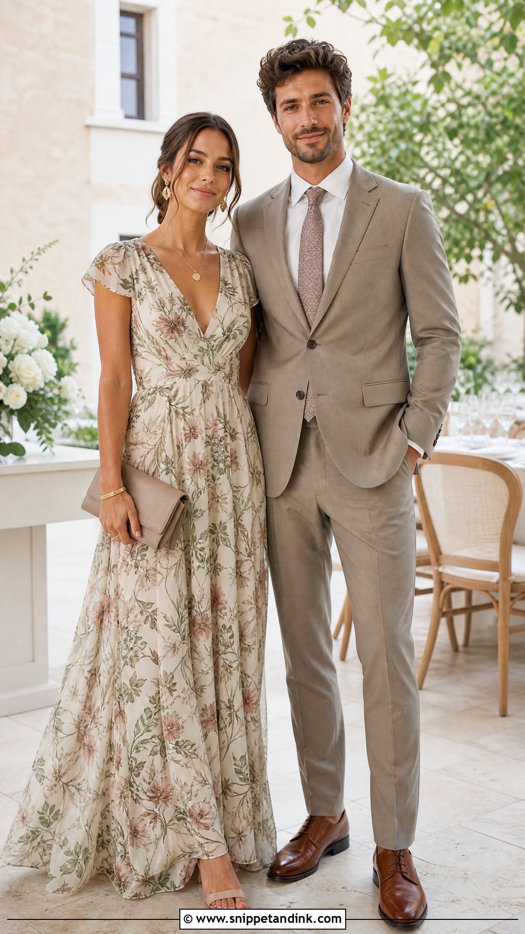 Neutral Suit And Printed Maxi Dress Wedding Outfit - Snippet and Ink - 20 Wedding Date Outfit Couple Ideas