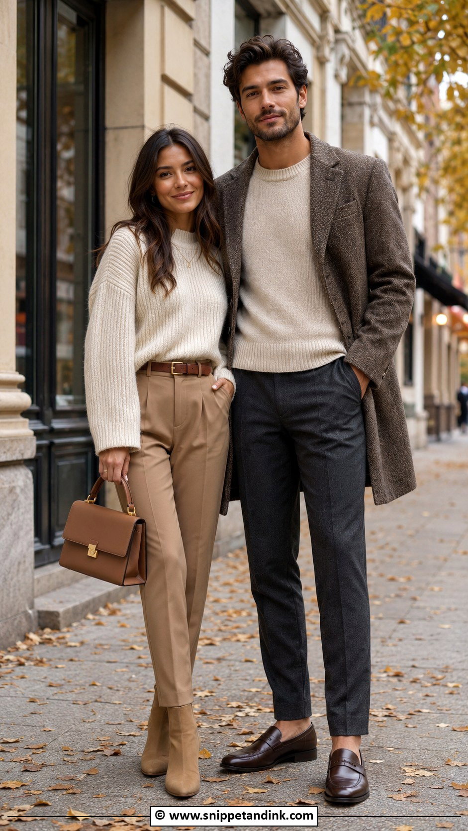 Neutral Sweater And Trousers Couples Photoshoot Outfit - Snippet and Ink - 30 Couples Photoshoot Outfits