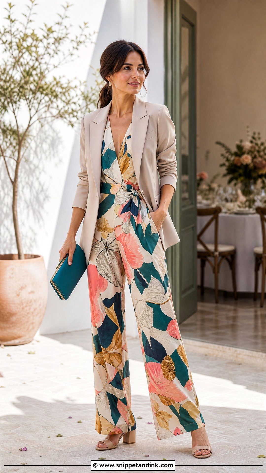 Neutral Wedding Blazer With Printed Jumpsuit - Snippet and Ink - 20 Wedding Blazers Ideas