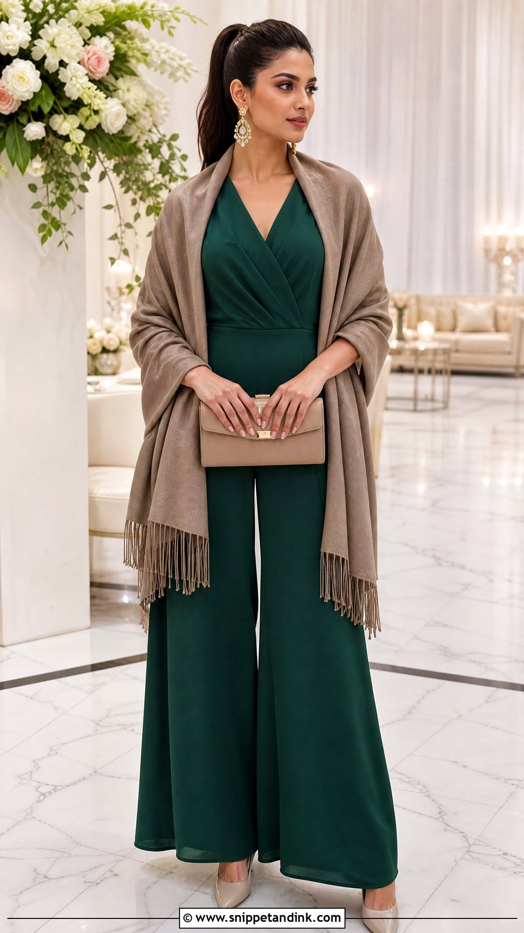 Neutral Wedding Pashmina With Jumpsuit - Snippet and Ink - 20 Wedding Wraps Ideas