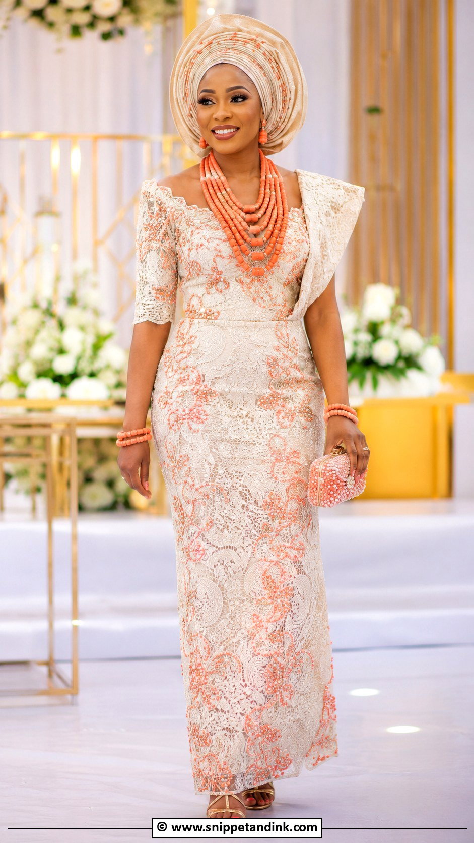 Nigerian Beaded Lace Dress With Coral Jewelry - Snippet and Ink - 30 Nigerian Wedding Dress Ideas