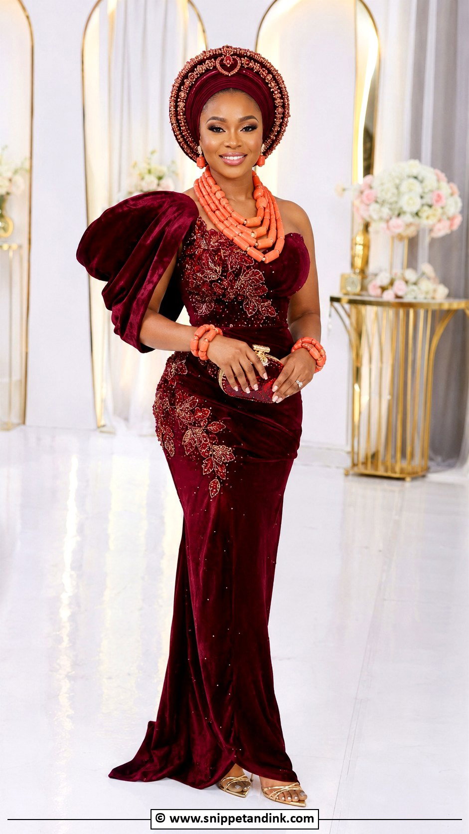 Nigerian Burgundy Wedding Dress With Coral Beads - Snippet and Ink - 30 Nigerian Wedding Dress Ideas
