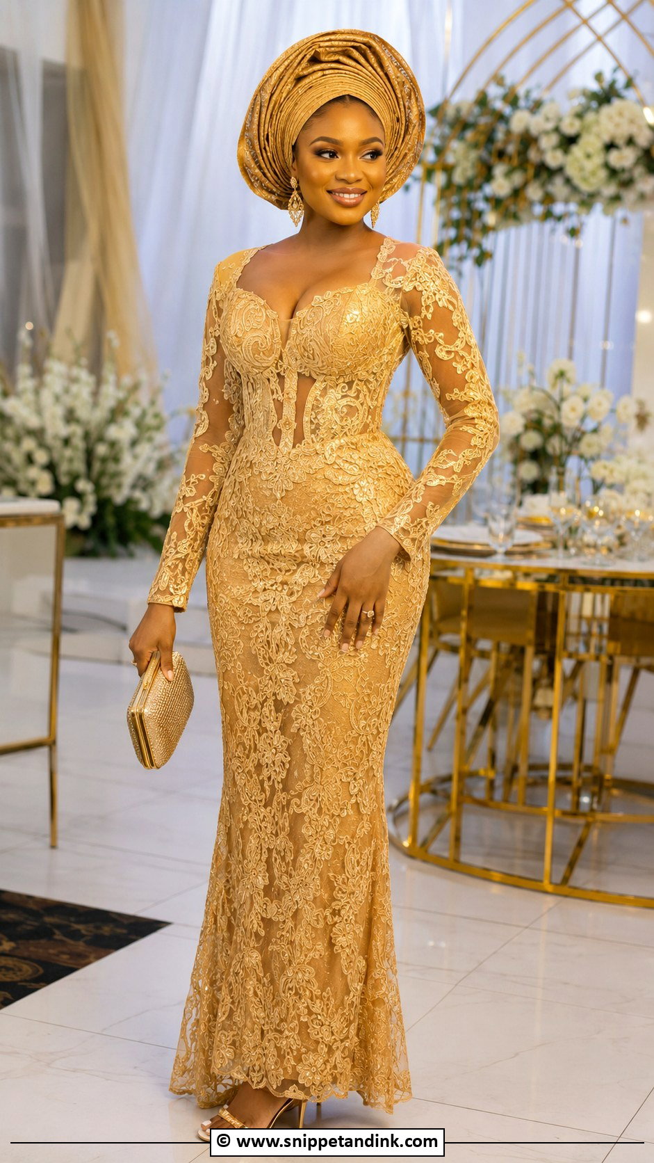 Nigerian Gold Wedding Dress With Matching Gele - Snippet and Ink - 30 Nigerian Wedding Dress Ideas