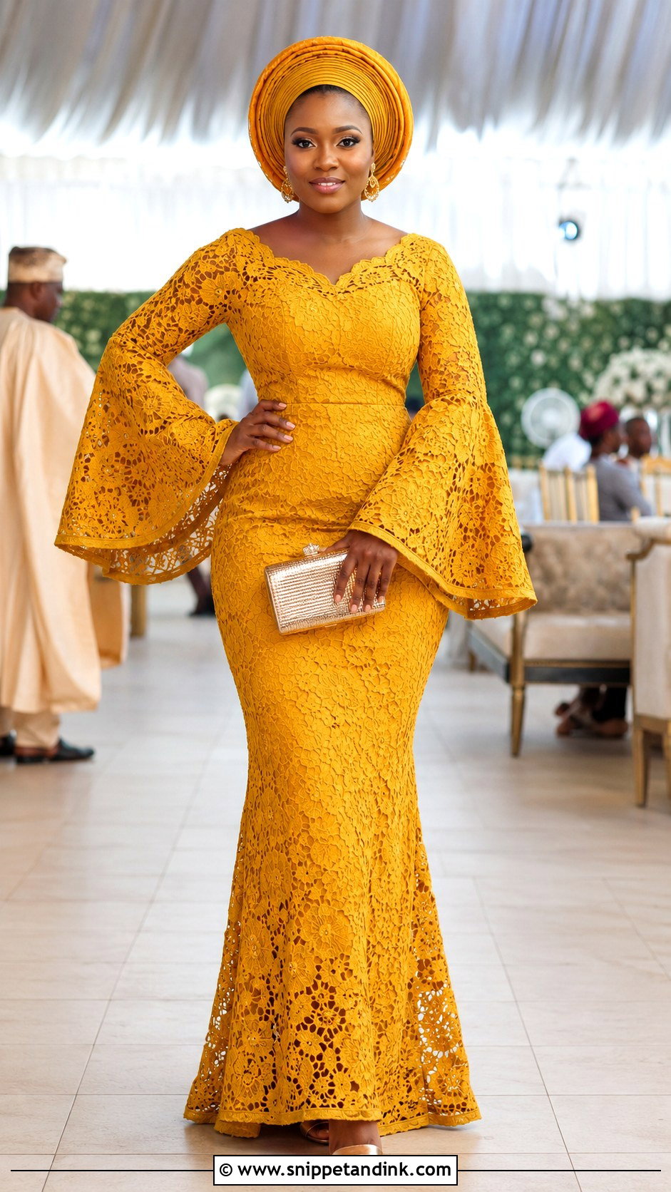 Nigerian Lace Bell Sleeve Gown With Gold Accessories - Snippet and Ink - 20 Nigerian Lace Dress Styles Traditional Weddings