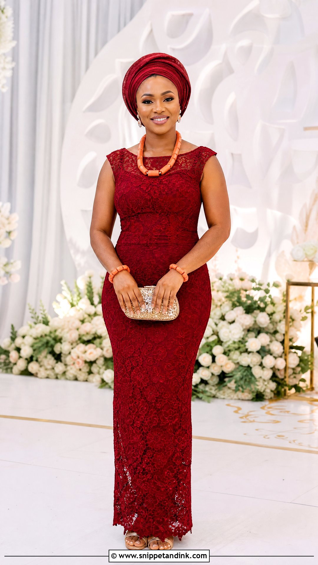 Nigerian Lace Column Gown With Coral Beads - Snippet and Ink - 20 Nigerian Lace Dress Styles Traditional Weddings