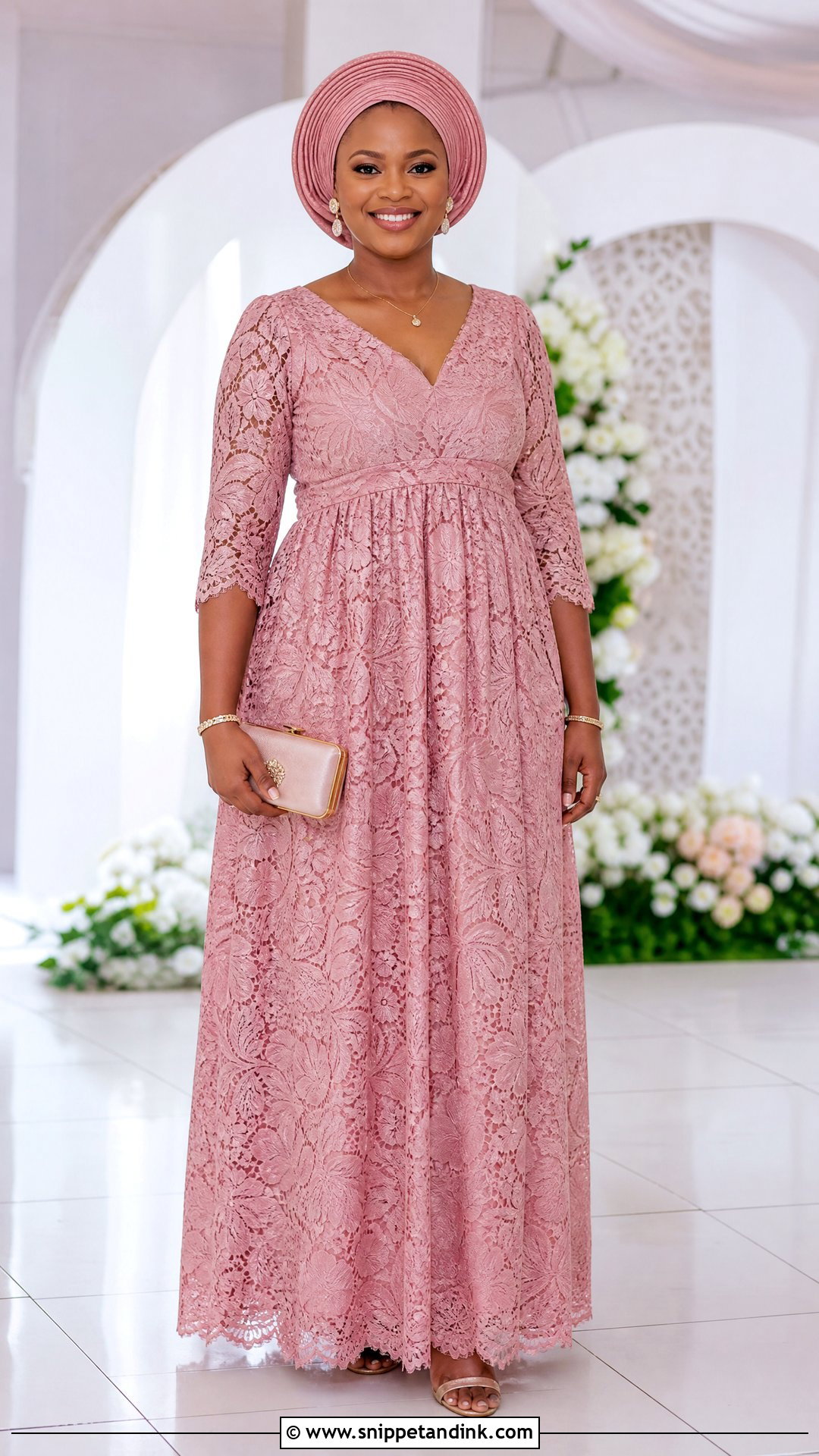 Nigerian Lace Empire Waist Gown With Low Heels - Snippet and Ink - 20 Nigerian Lace Dress Styles Traditional Weddings