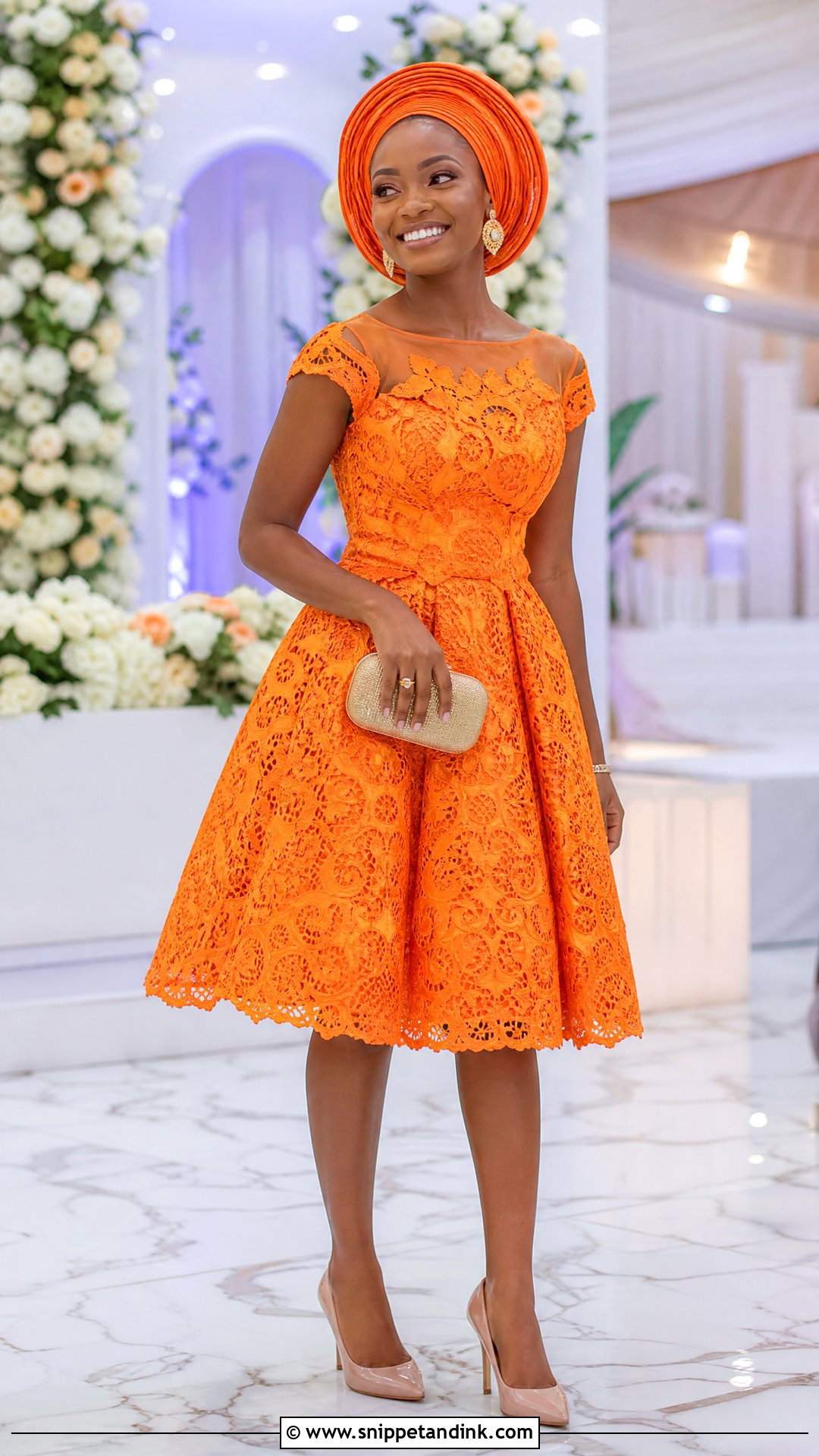 Nigerian Lace Flared Gown With Matching Headwrap - Snippet and Ink - 20 Nigerian Lace Dress Styles Traditional Weddings