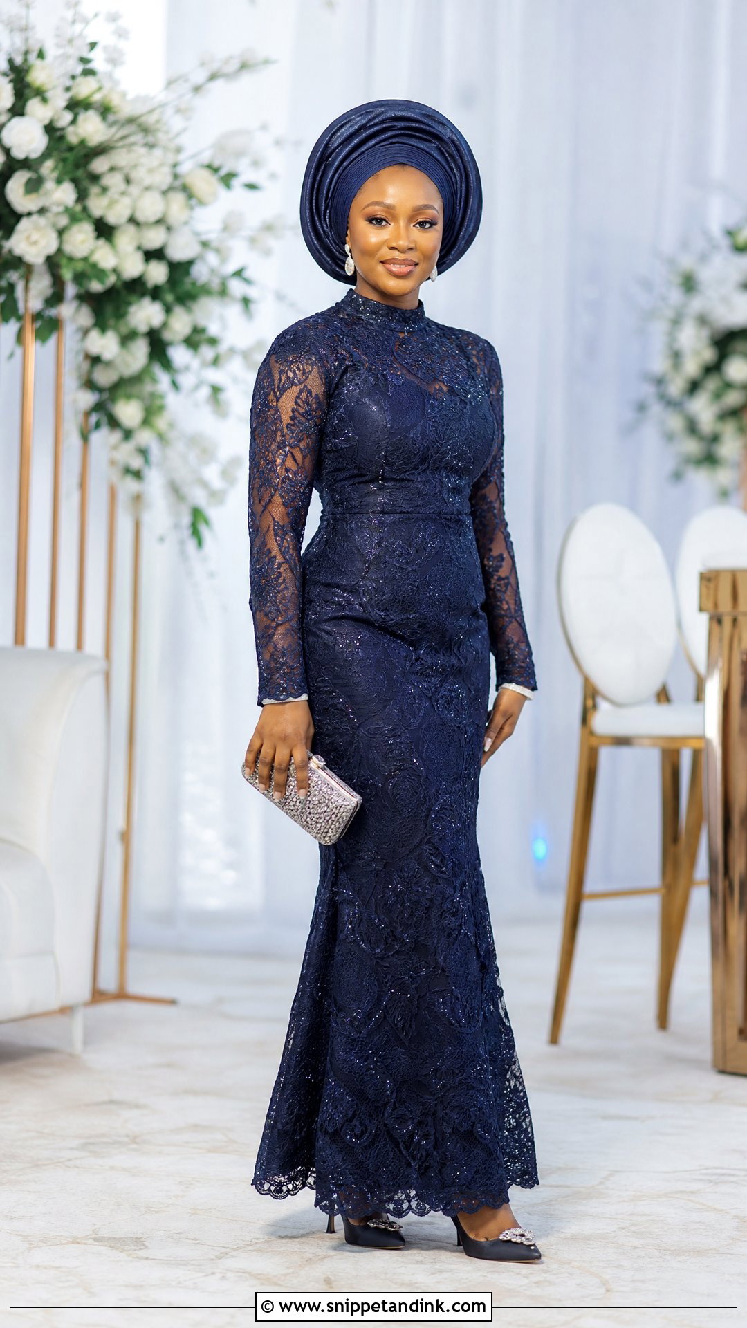 Nigerian Lace High Neck Gown With Long Sleeves - Snippet and Ink - 20 Nigerian Lace Dress Styles Traditional Weddings