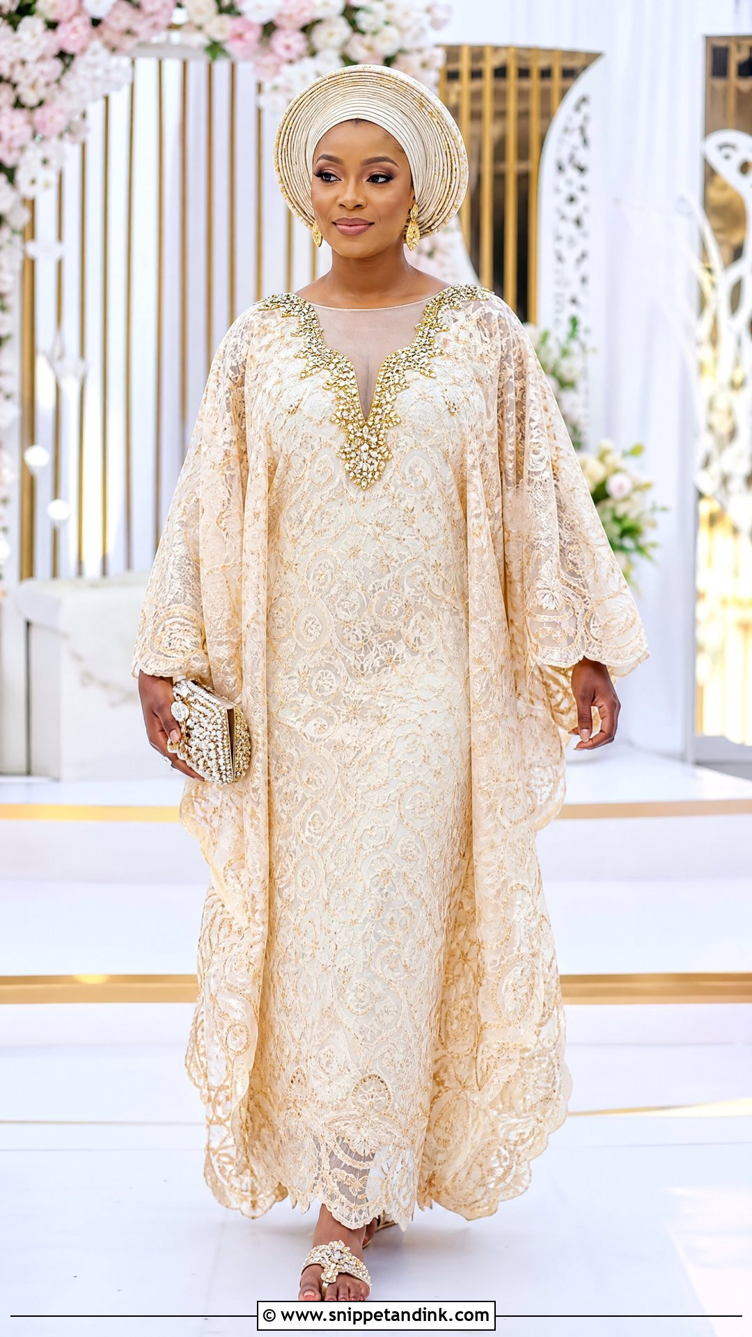 Nigerian Lace Kaftan Gown With Embellished Sandals - Snippet and Ink - 20 Nigerian Lace Dress Styles Traditional Weddings