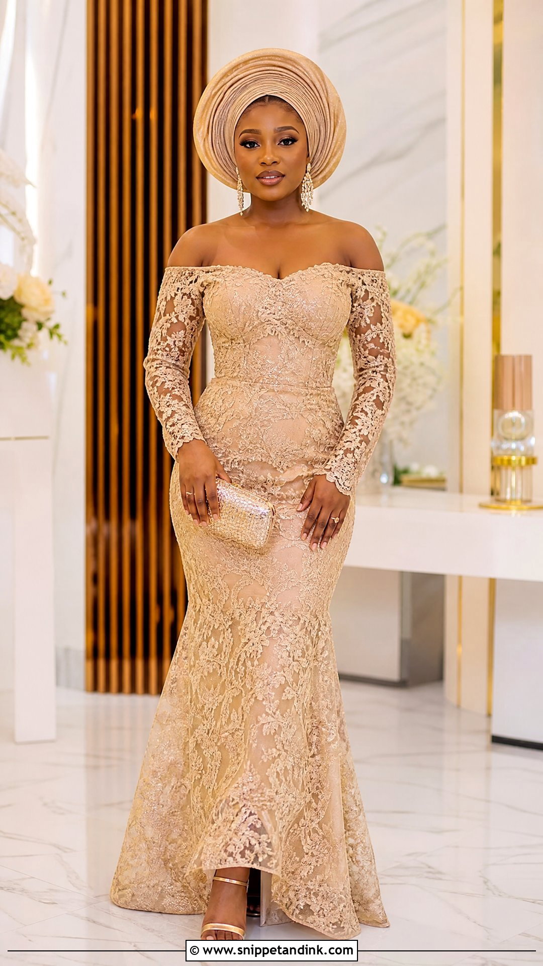Nigerian Lace Off Shoulder Gown With Metallic Heels - Snippet and Ink - 20 Nigerian Lace Dress Styles Traditional Weddings