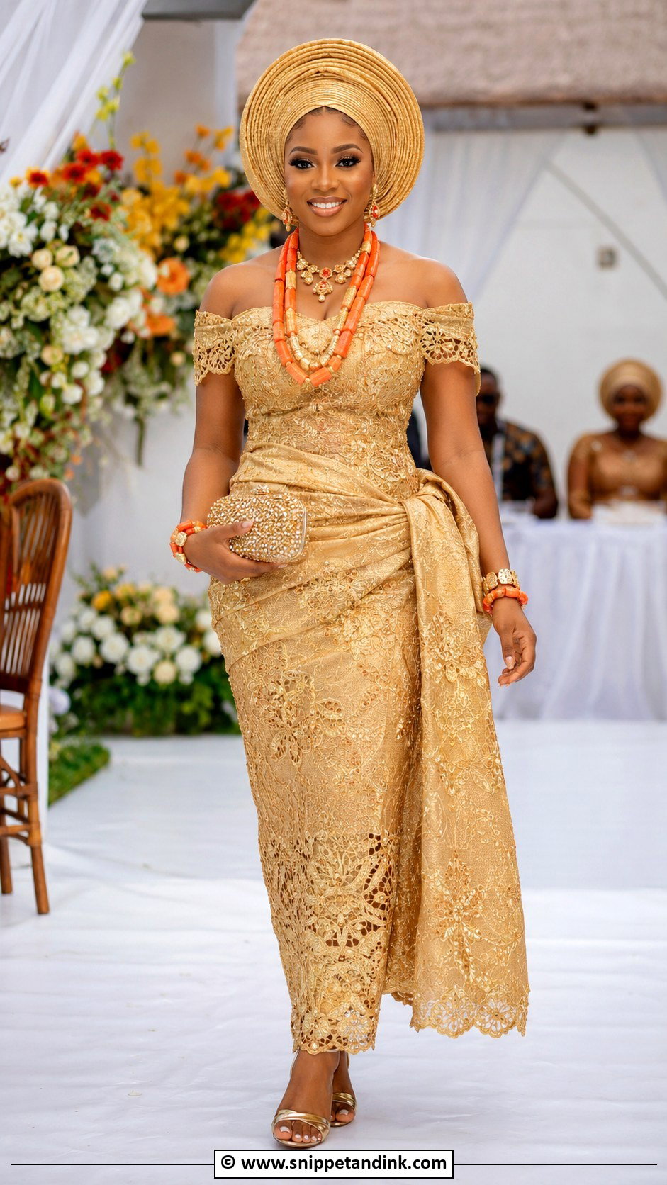 Nigerian Off Shoulder Wedding Dress With Wrapper - Snippet and Ink - 30 Nigerian Wedding Dress Ideas