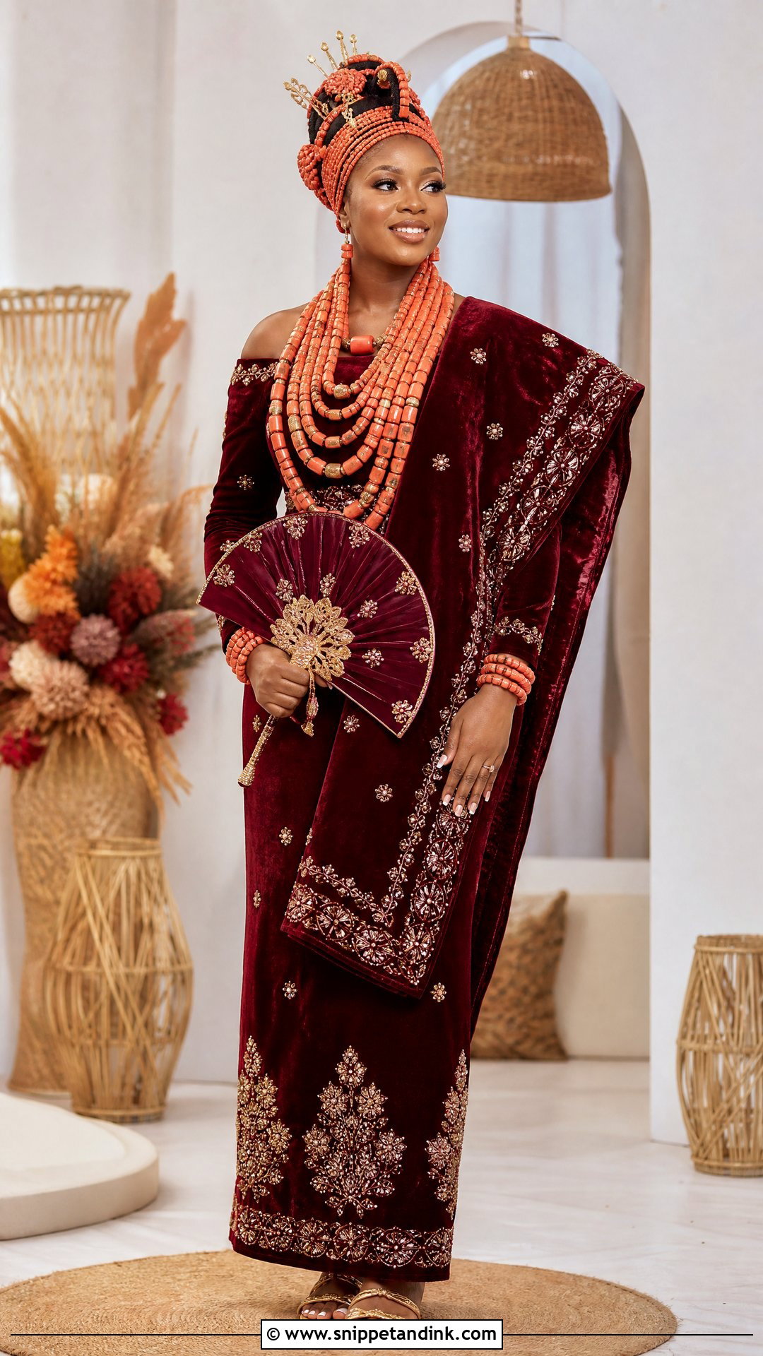 Nigerian Wedding Edo Velvet And Coral Outfit - Snippet and Ink - 25 Nigerian Weddings Dress Ideas