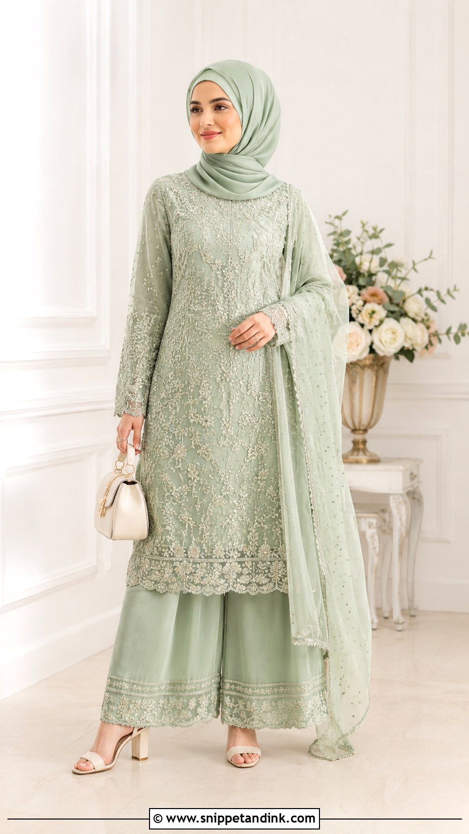 Nikkah Palazzo Suit With Hijab - Snippet and Ink - 30 Islamic Nikkah Outfit Ideas