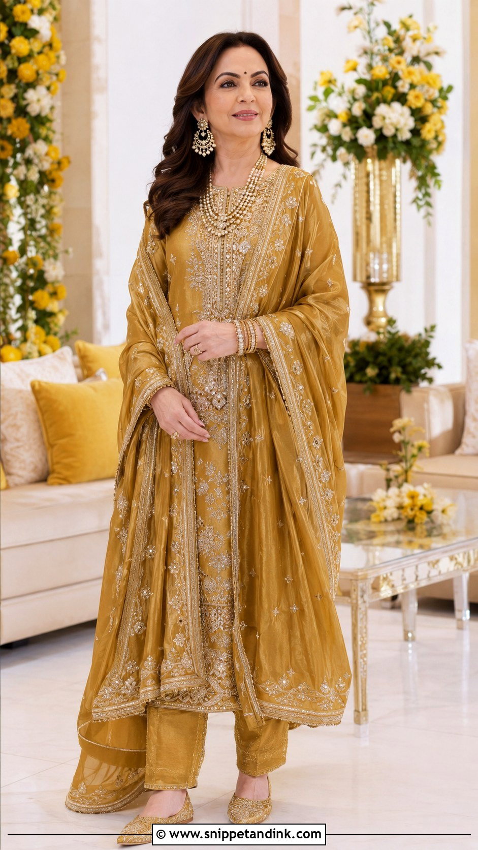Nita Ambani Antique Gold Hyderabadi Kurta - Snippet and Ink - 20 Neeta Ambani Wedding Outfits