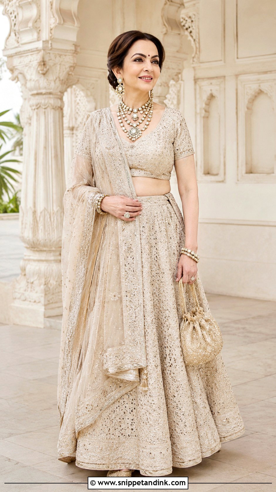Nita Ambani Beige Chikankari Ghagra - Snippet and Ink - 20 Neeta Ambani Wedding Outfits