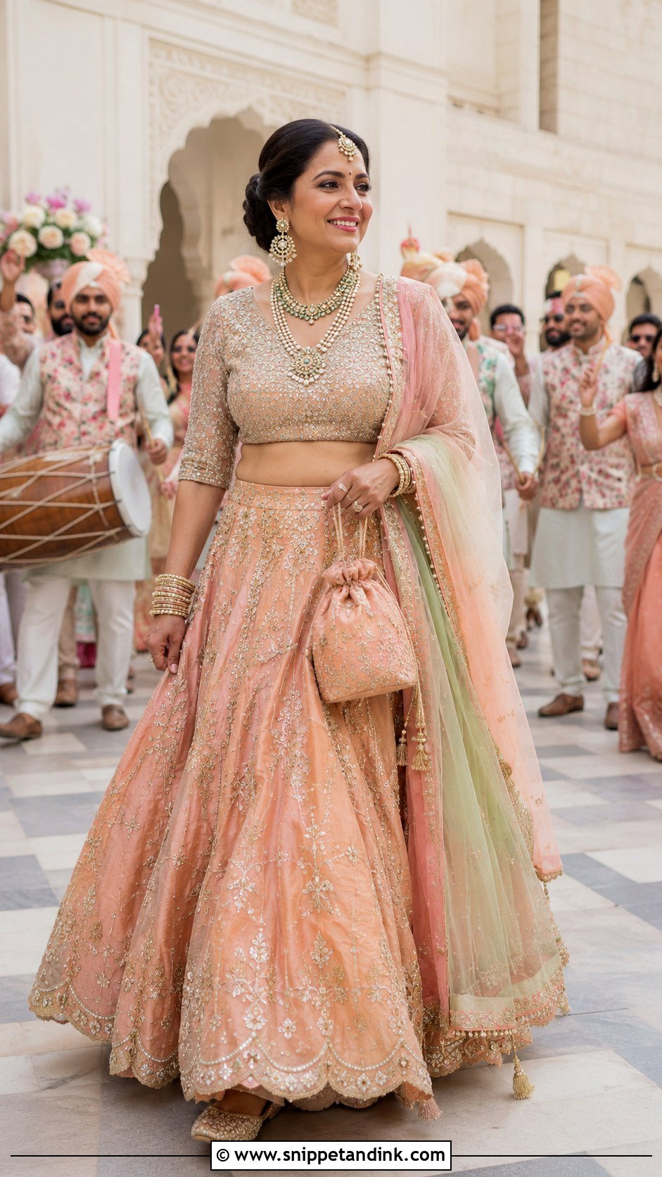 Nita Ambani Peach Rangkat Baraat Ghagra - Snippet and Ink - 20 Neeta Ambani Wedding Outfits