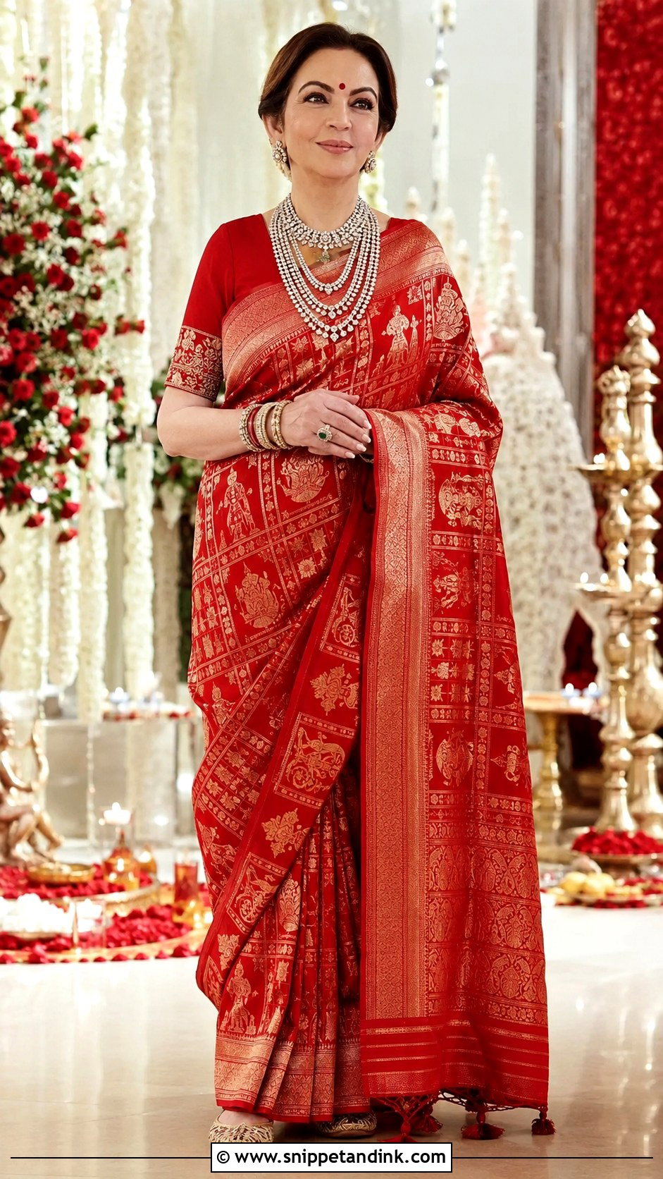 Nita Ambani Red Gayatri Mantra Banarasi Saree - Snippet and Ink - 20 Neeta Ambani Wedding Outfits