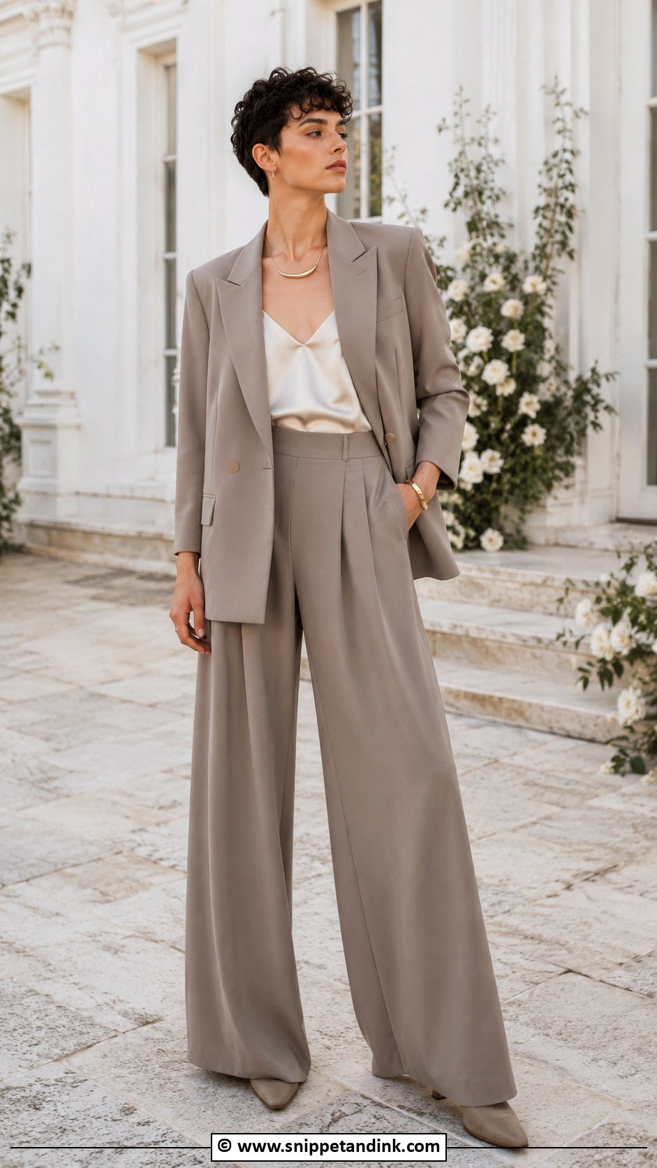 Non Binary Wedding Blazer And Wide Leg Pants Outfit - Snippet and Ink - 25 Non Binary Wedding Outfit Ideas