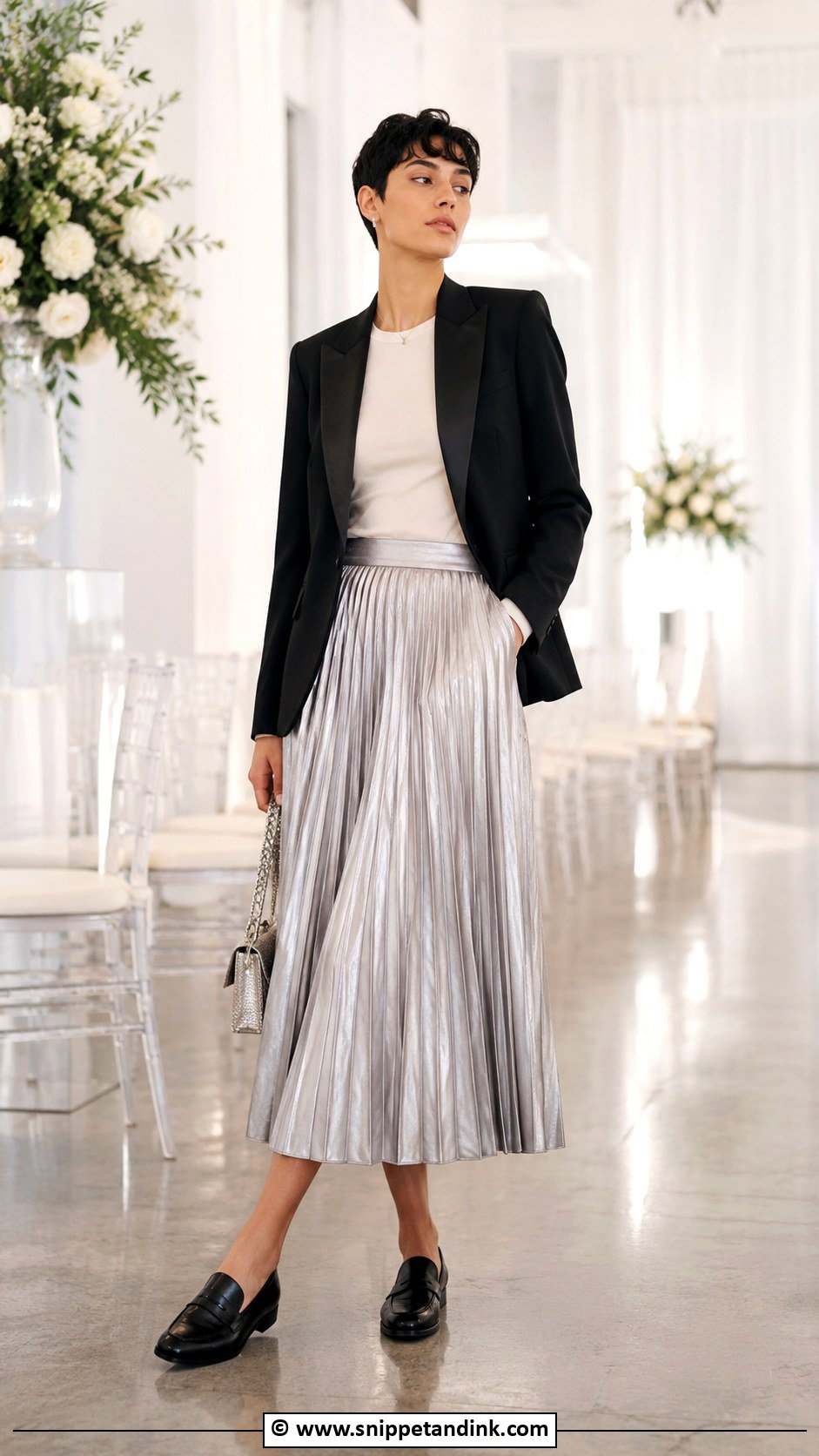 Non Binary Wedding Pleated Skirt And Blazer Outfit - Snippet and Ink - 25 Non Binary Wedding Outfit Ideas