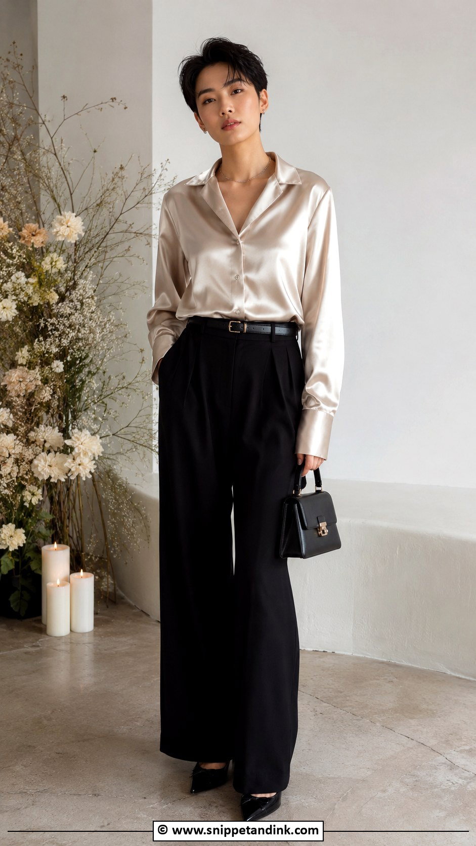 Non Binary Wedding Satin Shirt And Trousers Outfit - Snippet and Ink - 25 Non Binary Wedding Outfit Ideas
