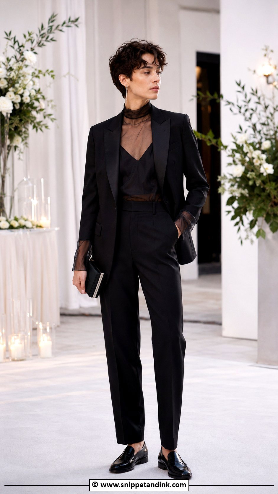 Non Binary Wedding Sheer Top And Suit Outfit - Snippet and Ink - 25 Non Binary Wedding Outfit Ideas
