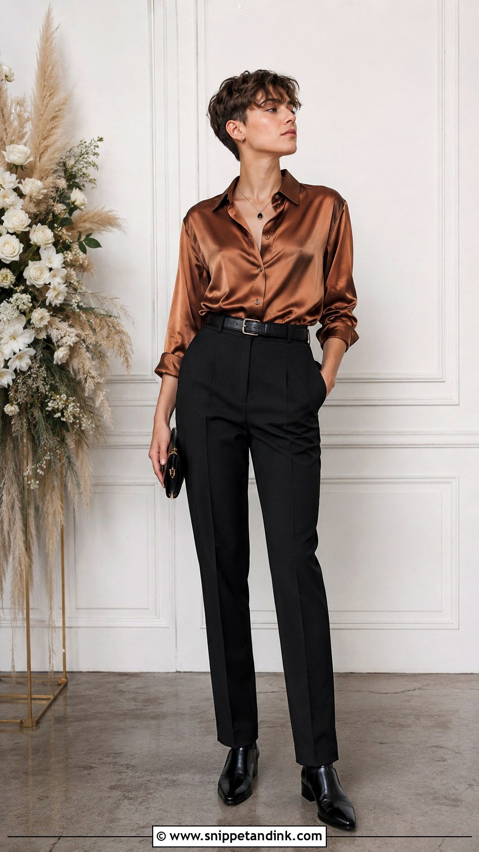 Nonbinary Wedding Satin Shirt And Tailored Pants - Snippet and Ink - 25 Nonbinary Wedding Outfit Ideas